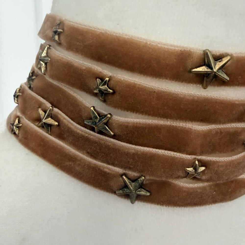 Ettika Tan Velvet Gold Star Multistrand Adjustable Boho Choker Necklace - Picture 2 of 5